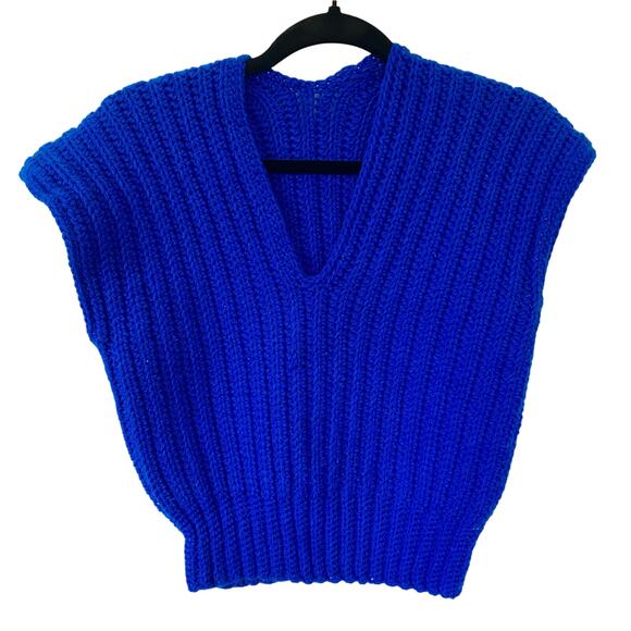 Handmade Vintage Knit Vest Cerulean Cobalt Blue Mediumv - Picture 1 of 9